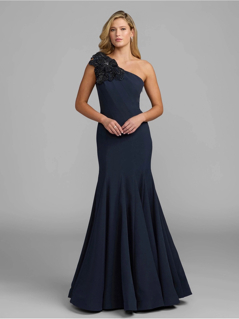 One-Shoulder Navy Evening Gown with Beaded Shoulder Mac Duggal 11810